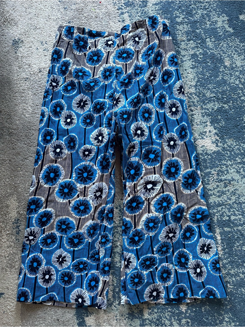 Yevu Blue Floral Print high waisted Wide-Leg maximalist crop capris pants
